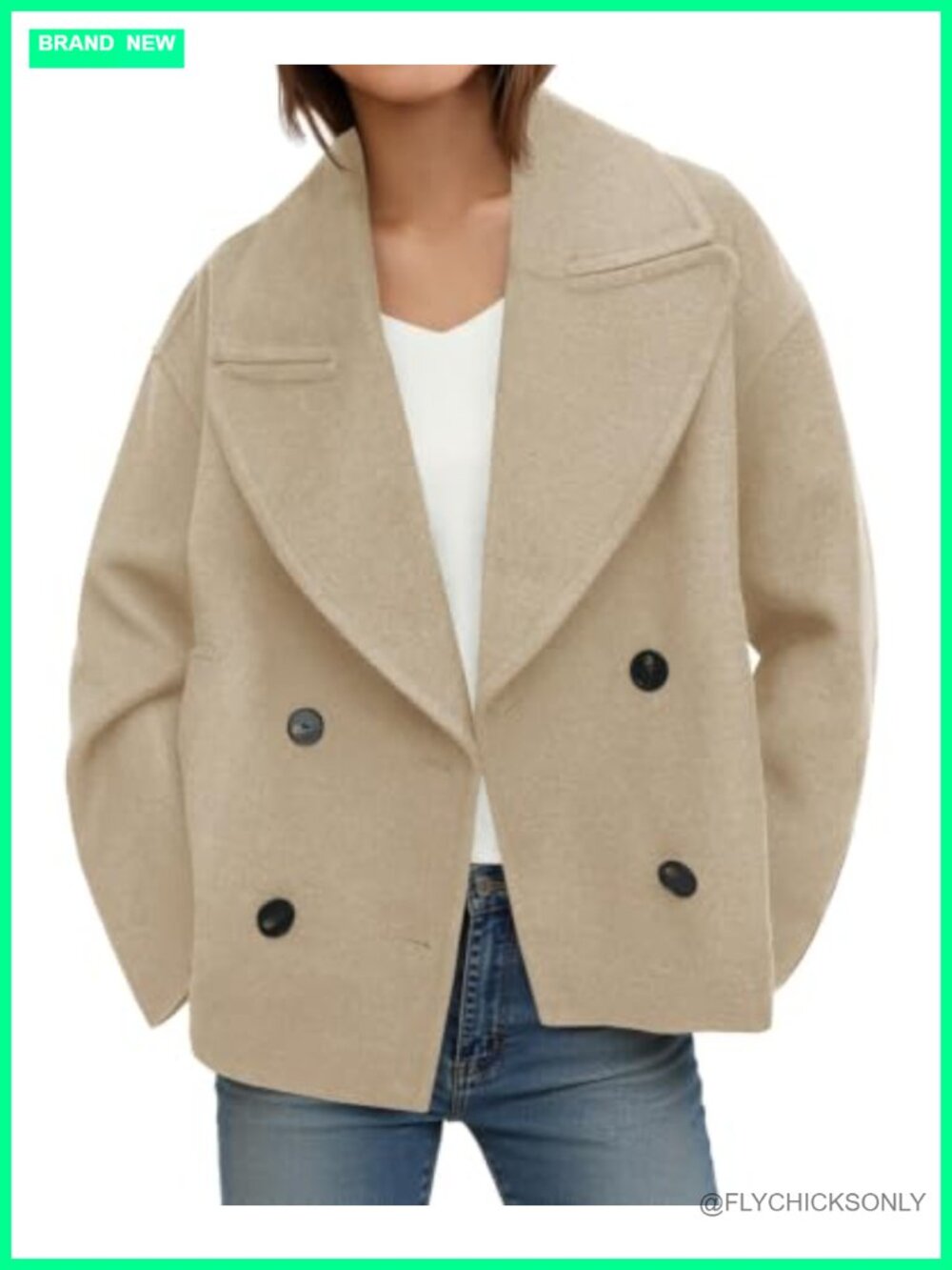 Womens Cropped Wool Blend Pea Coat Double Breasted Notched Lapel Overcoat